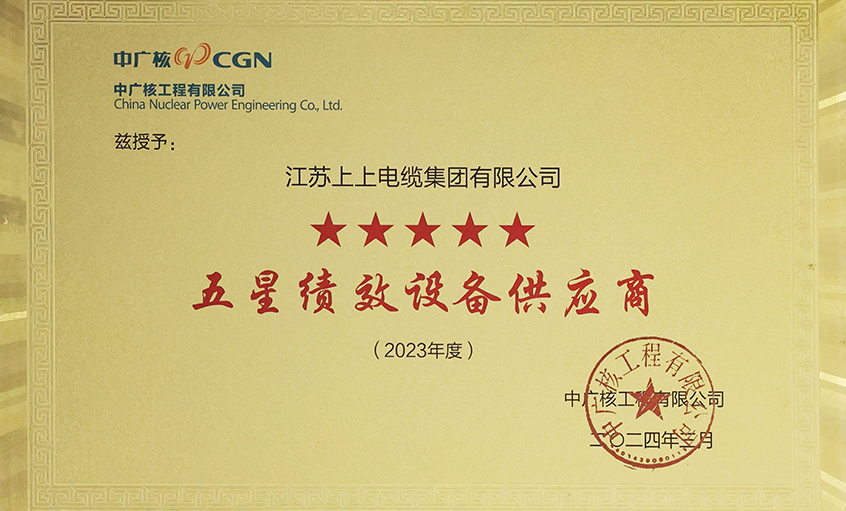 电缆企业唯一获评，，，，，AG一飞冲天电缆荣获中广核工程有限公司“2023年度五星（卓越）绩效装备供应商”